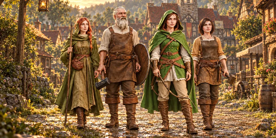 Elin, Edric, Rowan und Mara stehen gemeinsam auf der Dorfstraße
