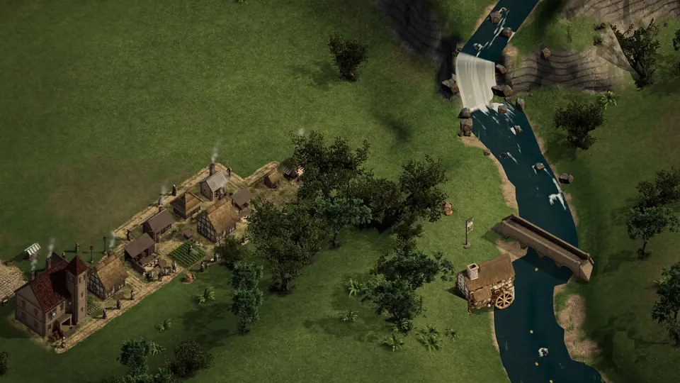 Brindleward in seinem Tal, mit dem Wasserfall, der Steinbrücke und der Mühle am Fluss