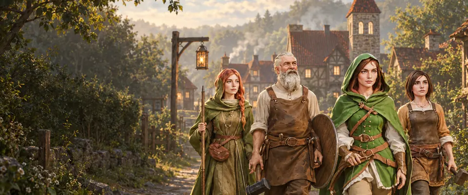 Rowan, Mara, Edric und Elin auf dem Weg vor Brindleward im goldenen Morgenlicht