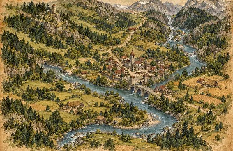 Gemalte Pergamentkarte mit Brindleward, der Flussbrücke, Wäldern und dem nördlichen Gebirgspass