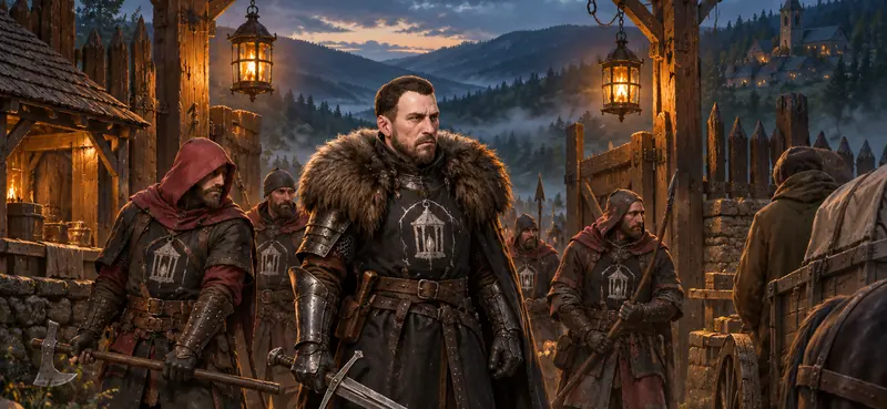 Illustration des Zollhauptmanns und seiner Räuber unter Laternen an einer hölzernen Mautschranke